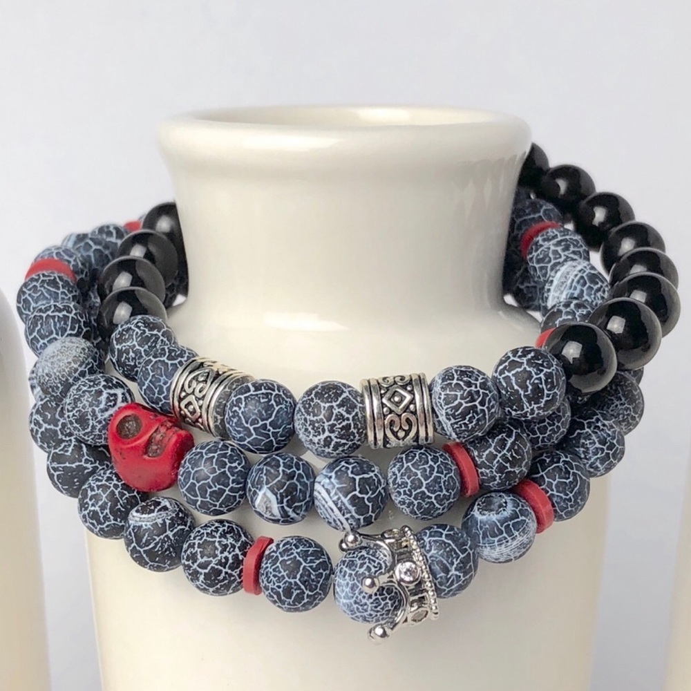 Mens Volcanic Onyx Black Silver Beaded Bracelet